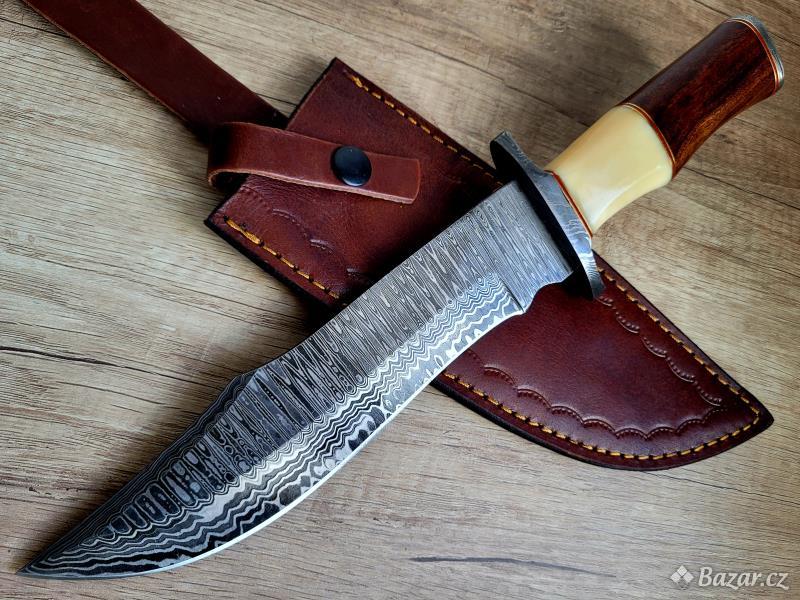 velký lovecký Damaškový nůž BOWIE 33,5cm, ručně vyroben, s koženým pouzdrem
