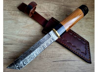 samurajský Damaškový nůž TANTO_2 27,5 cm ručně vyrobeno, s koženým pouzdrem