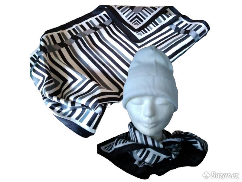 Šátek Dámský černý Bílý Hedvábní šatka 60cm Zebra Geometrický čtverec Pruhovaná 