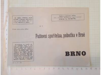 Poštovní spořitelna Brno - obálka k zasílání šeků 1930