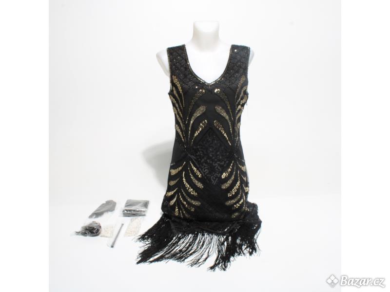 Flitrové třásňové šaty ELECLAND z 20. let do V s výstřihem do V se sadou doplňků 20. let (černá,