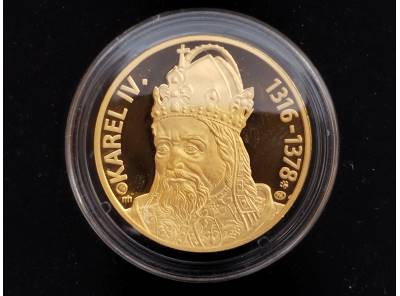 Nádherná zlatá medaile Karel IV. 700. výročí narození,  15,56g, certifikat, etue